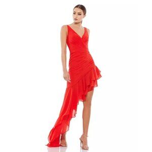 Mac Duggal Ieena Asymmetrical Ruffled V-Neck red chiffon Dress size 6 NEW